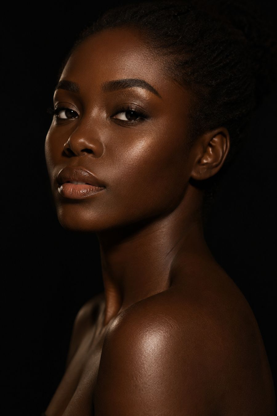 Editorial beauty portrait, deep skin, lit in warm gold against black