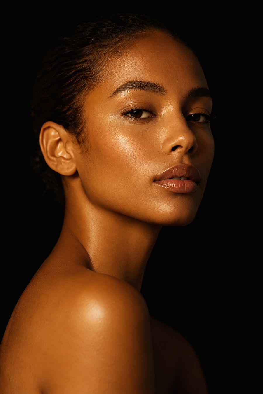 Editorial beauty portrait, bronze skin, lit in warm gold against black