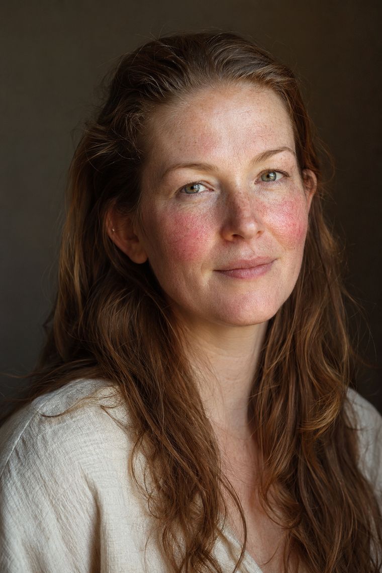 Natural light portrait of a fair skinned woman with freckles and visible facial redness